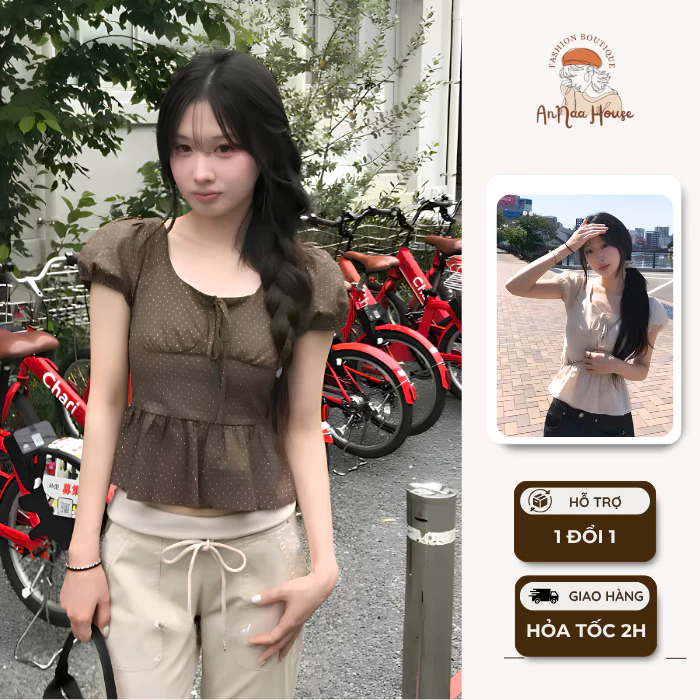 Áo Kiểu Nơ Buộc Bo Eo Tay Bồng Chấm Bi Dây Nơ Hở Lưng, Áo Kiểu Nữ Bo Eo Xoè Vạt Dáng Babydoll Mặc Mùa Hè Đi Biển