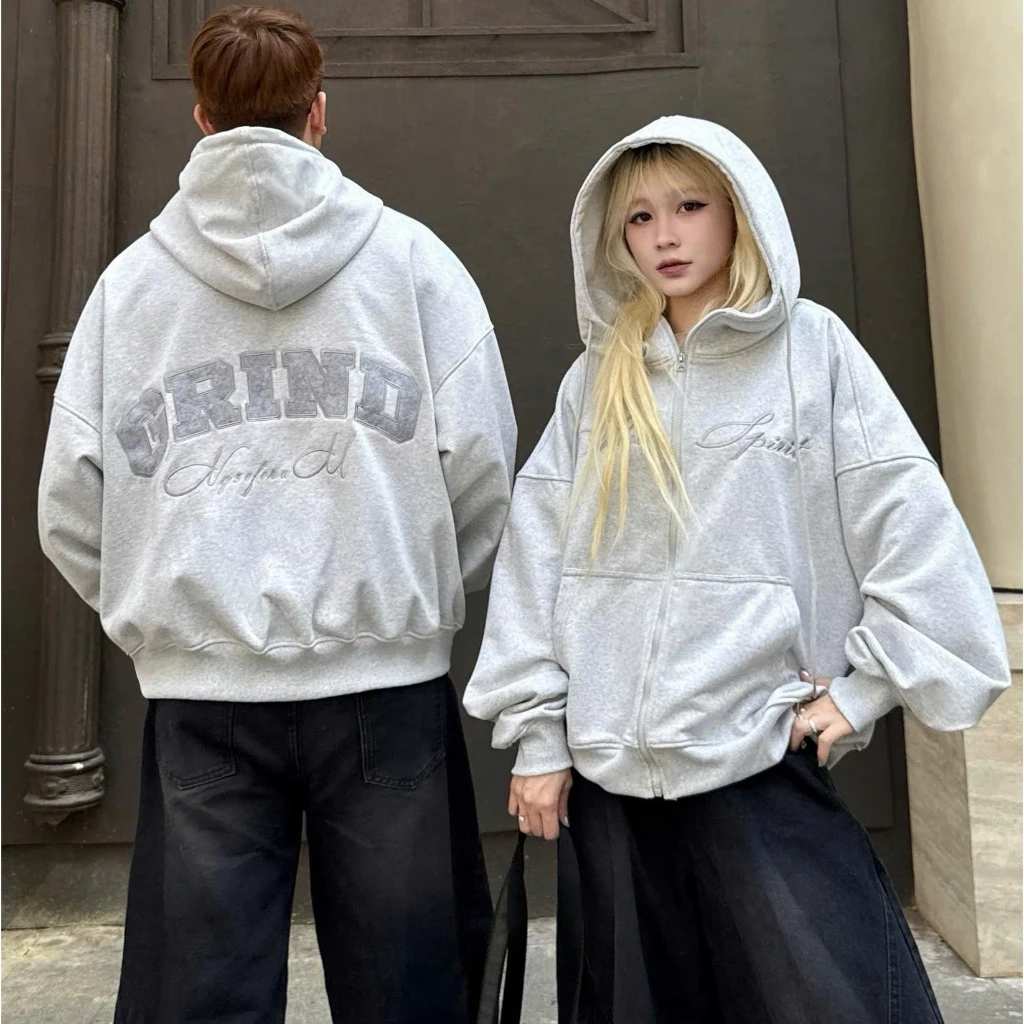 Áo Khoác Hoodie Zip Nỉ Bông Cổ Cao Thêu GRIND Form Rộng Nam Nữ Unisex (Không xù lông)