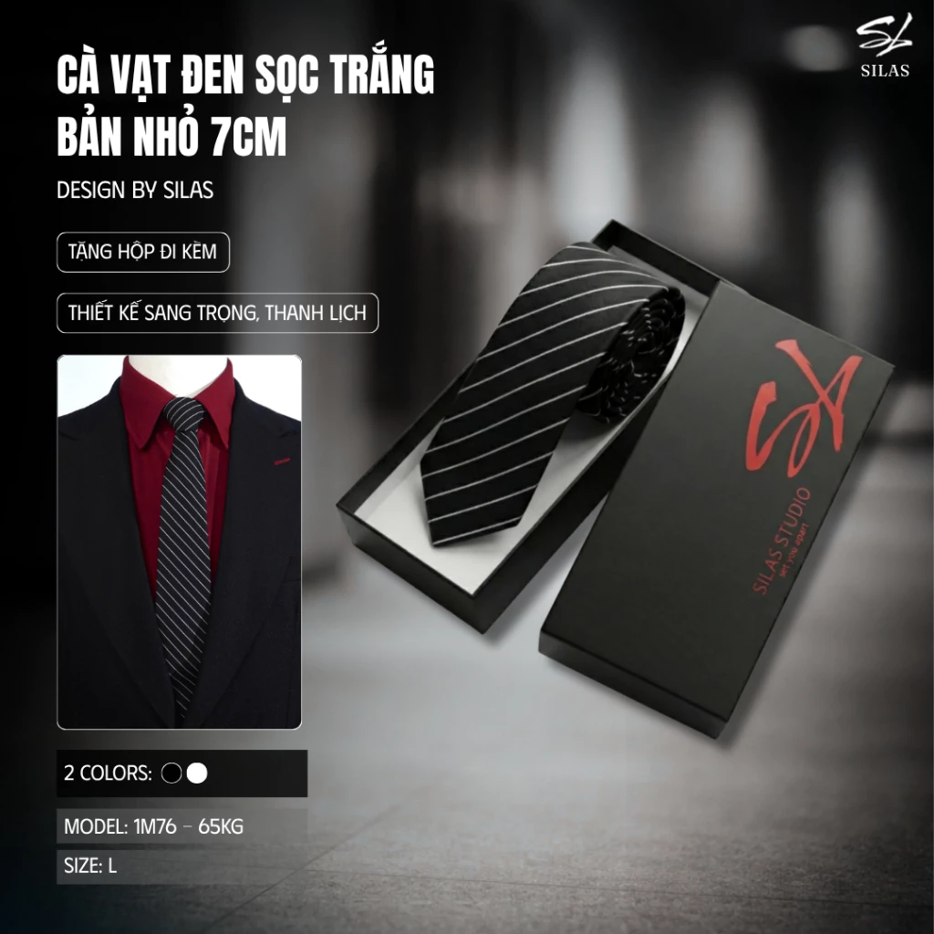 Caravat SILAS Đen Sọc Nhám Bản Nhỏ 7Cm Cotton Mềm, Không Bóng - CVSL01