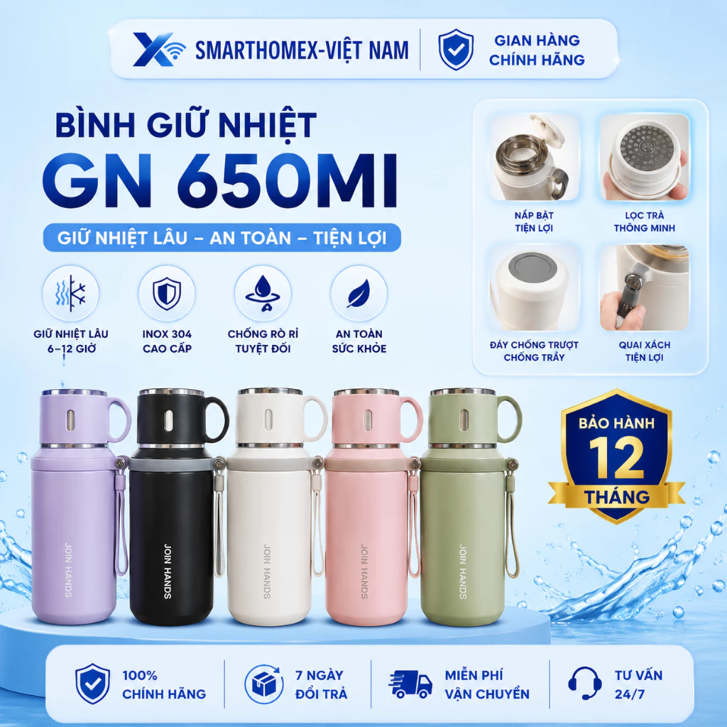 Bình Giữ Nhiệt JOIN HANDS INOX 316 Cao Cấp 600ML, Nắp Làm Cốc, Có Lọc Trà Tiện Lợi
