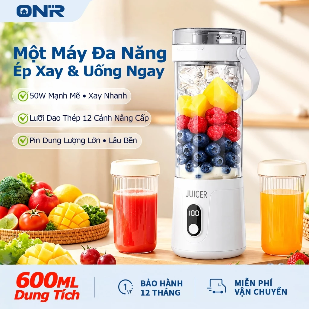 ONR Máy Xay Sinh Tố Cầm Tay 600ML, 12 Lưỡi Dao, Màn Hình LCD, Sạc Type-C, Cốc 2in1