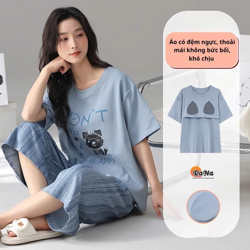 Bộ quần lửng áo tay lỡ có đệm ngực cho nữ mùa hè RaNa vải cotton bông nhân tạo