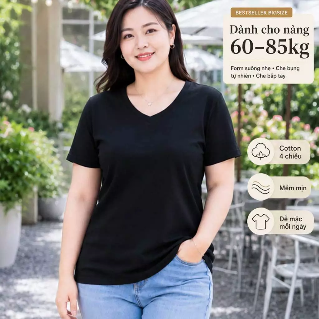 Áo thun nữ BIGSIZE cổ tim TOLI BSA11, Cotton 4 chiều co giãn, Form suông dễ mặc từ 59–85kg