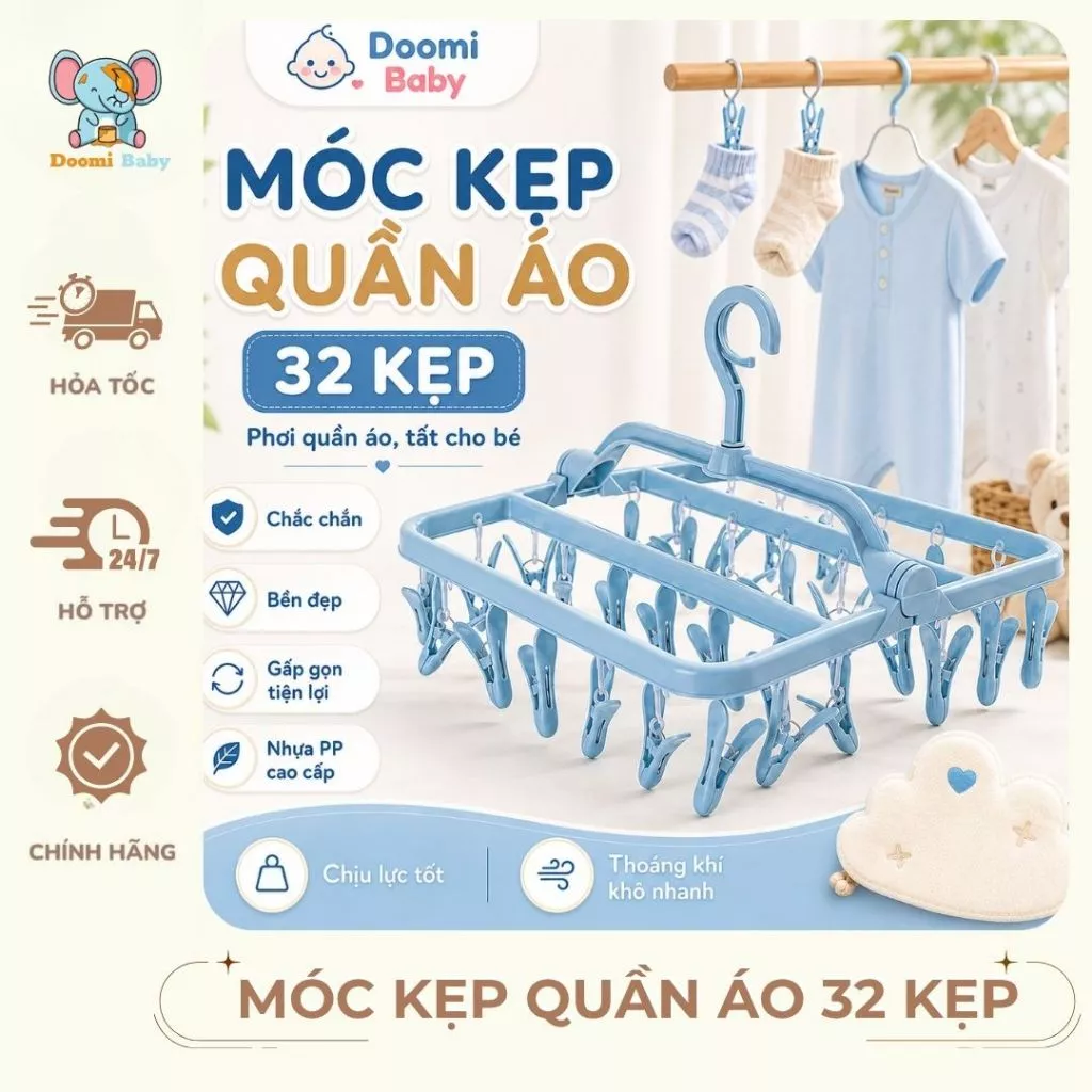 Móc Kẹp Quần Áo 32 Kẹp Phơi Quần Áo Tất Cho Bé Chắc Chắn Bền Đẹp - HT744 - HT841 - HT871 - Doomi Baby