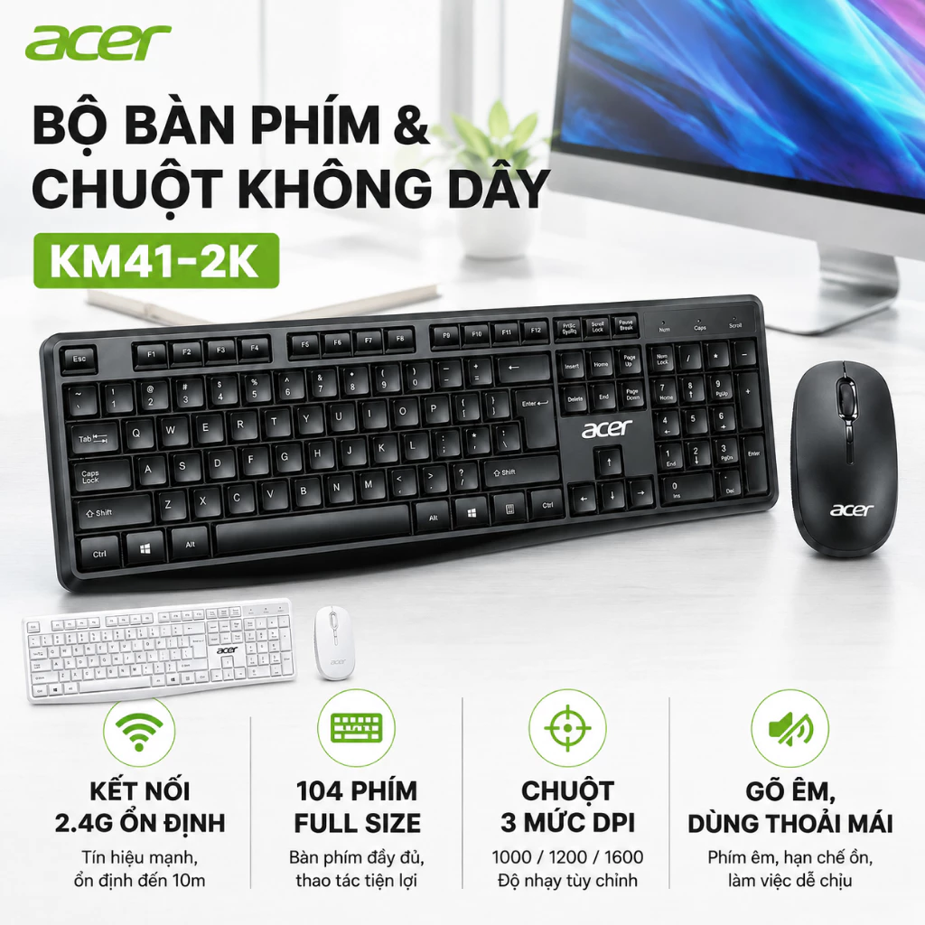 Bộ Bàn Phím Chuột Không Dây Acer KM41-2K, 2.4G, Fullsize 104 Phím, Chuột 3 Mức DPI, Gõ Êm, Phù Hợp Học Tập Làm Việc