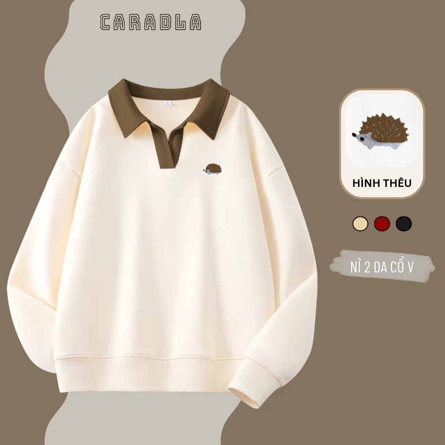 Áo Sweater Cổ V THÊU By CARADLA BST07 Nhím Chất Nỉ 2 Da Mềm Mịn Form Rộng Phù Hợp Cho Nam Nữ