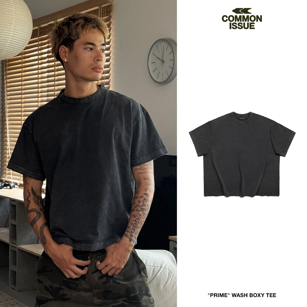 Áo Thun Wash Form Boxy "PRIME” Chất Vải Cotton Premium 2 Chiều 240gsm Hiệu Ứng Mài Rách Unisex Nam Nữ | Common Issue