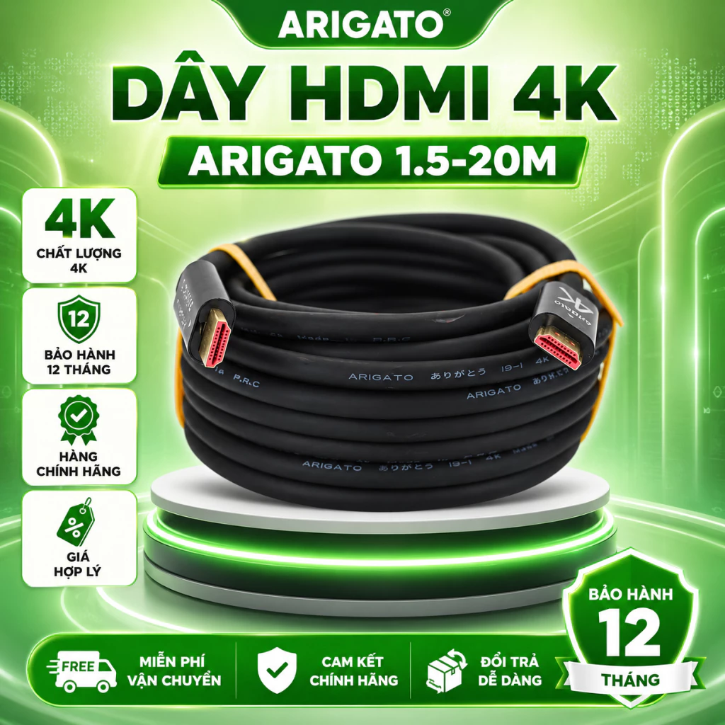 Dây HDMI 4K ARIGATO 30M Chuẩn HDMI 2.0 Hỗ Trợ 4Kx2K Kết Nối Laptop PC TV Máy Chiếu Chính Hãng Bảo Hành 12 Tháng