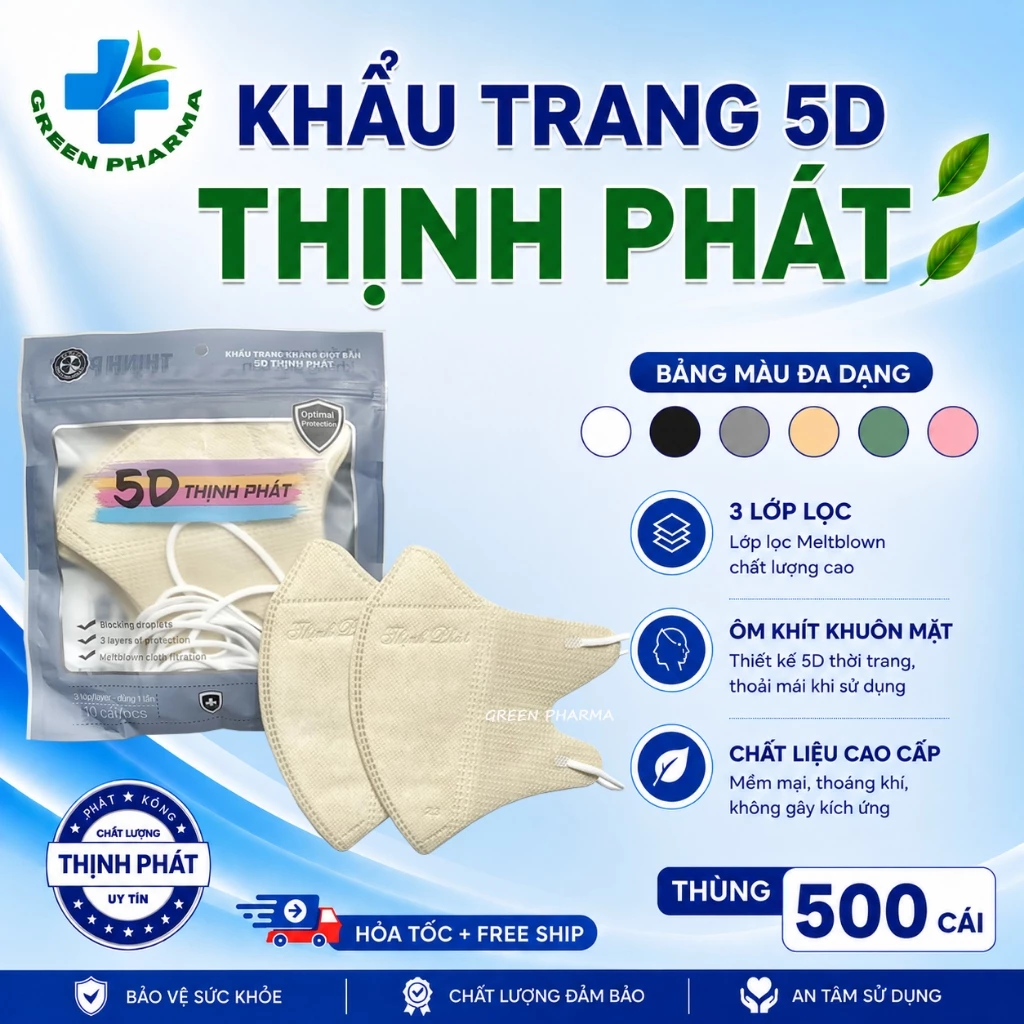 [ Thùng 500 Chiếc ] Khẩu Trang 5D Thịnh Phát Chính Hãng 3 lớp chống bụi, chống tia uv