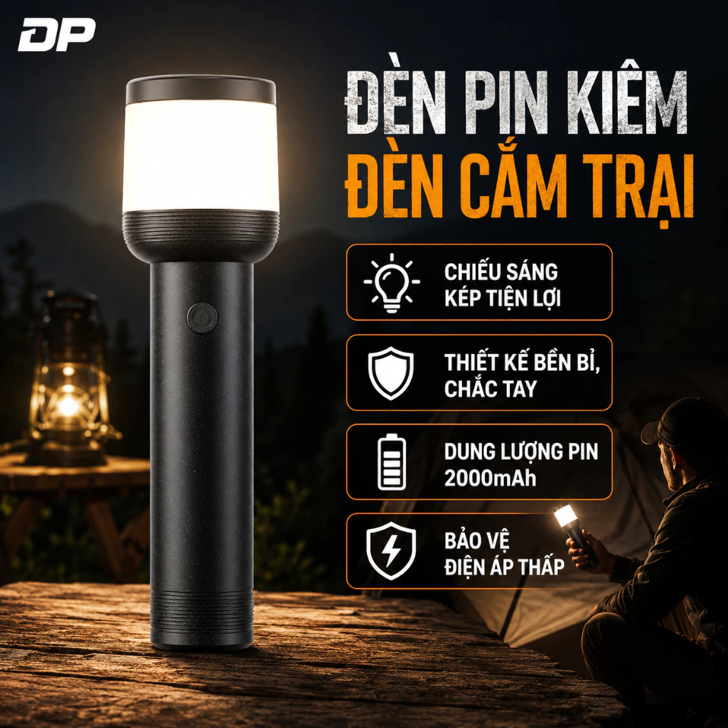 DP Đèn pin hợp kim nhôm, sạc Type-C, cảnh báo pin yếu, an toàn khi sử dụng trong nhà và ngoài trời.Đèn cắm trại