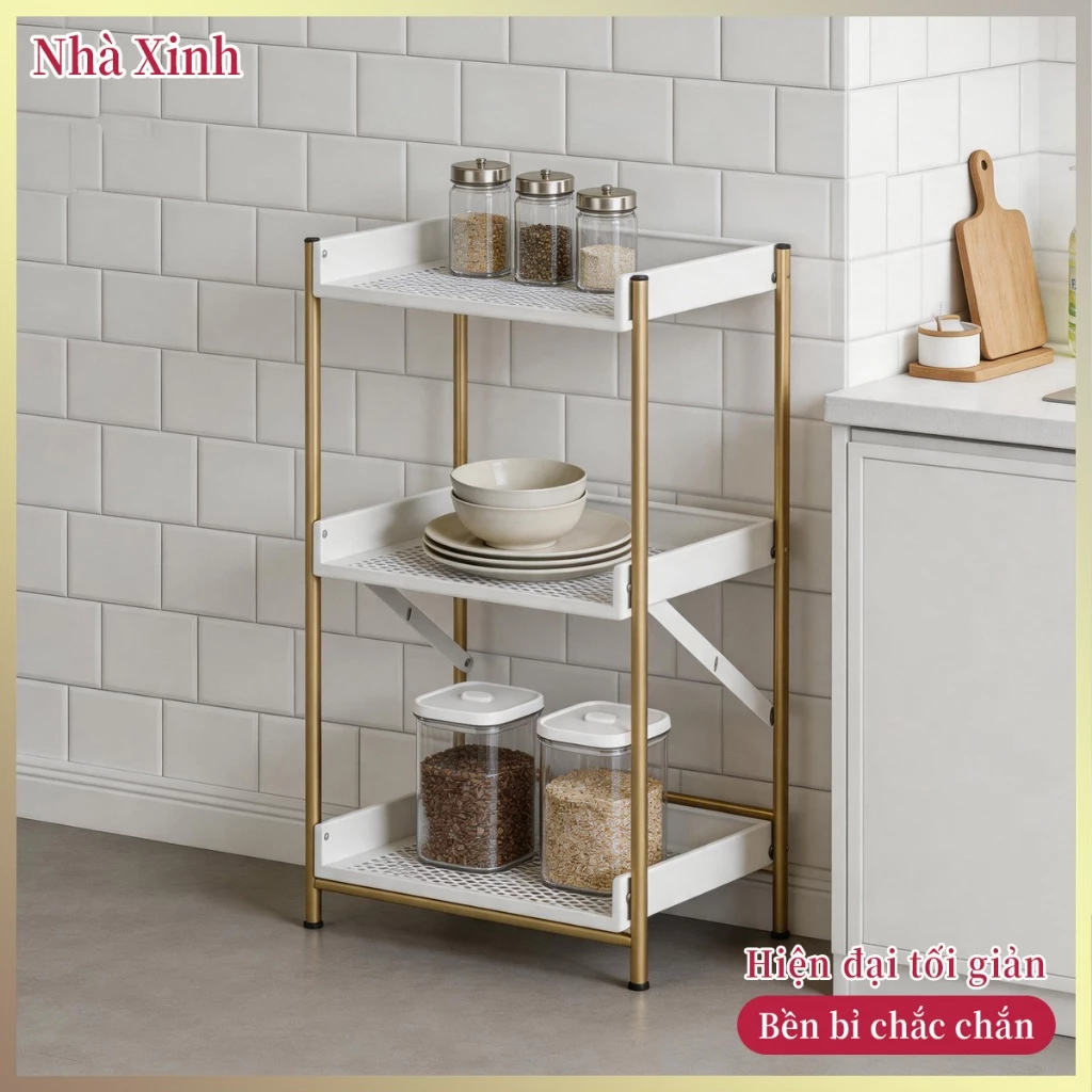 Không cần lắp ráp kệ khung sắt vàng khay lưới trắng, lưu trữ đa năng nhà bếp phòng tắm phòng khách