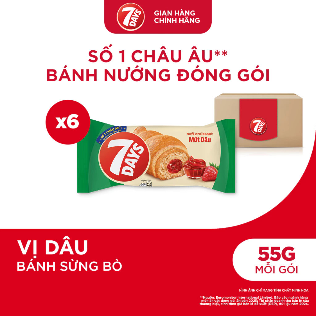 Combo 6 Gói Bánh Sừng Bò 7DAYS Mứt Dâu 55g