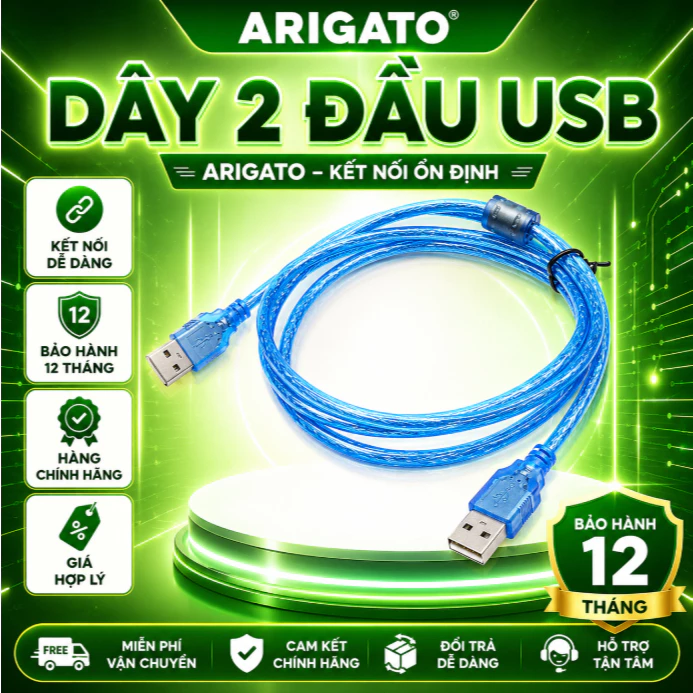 Dây USB 2 Đầu Đực 1.5M Màu xanh Arigato Kết Nối Laptop PC Thiết Bị Ngoại Vi Tốc Độ Ổn Định