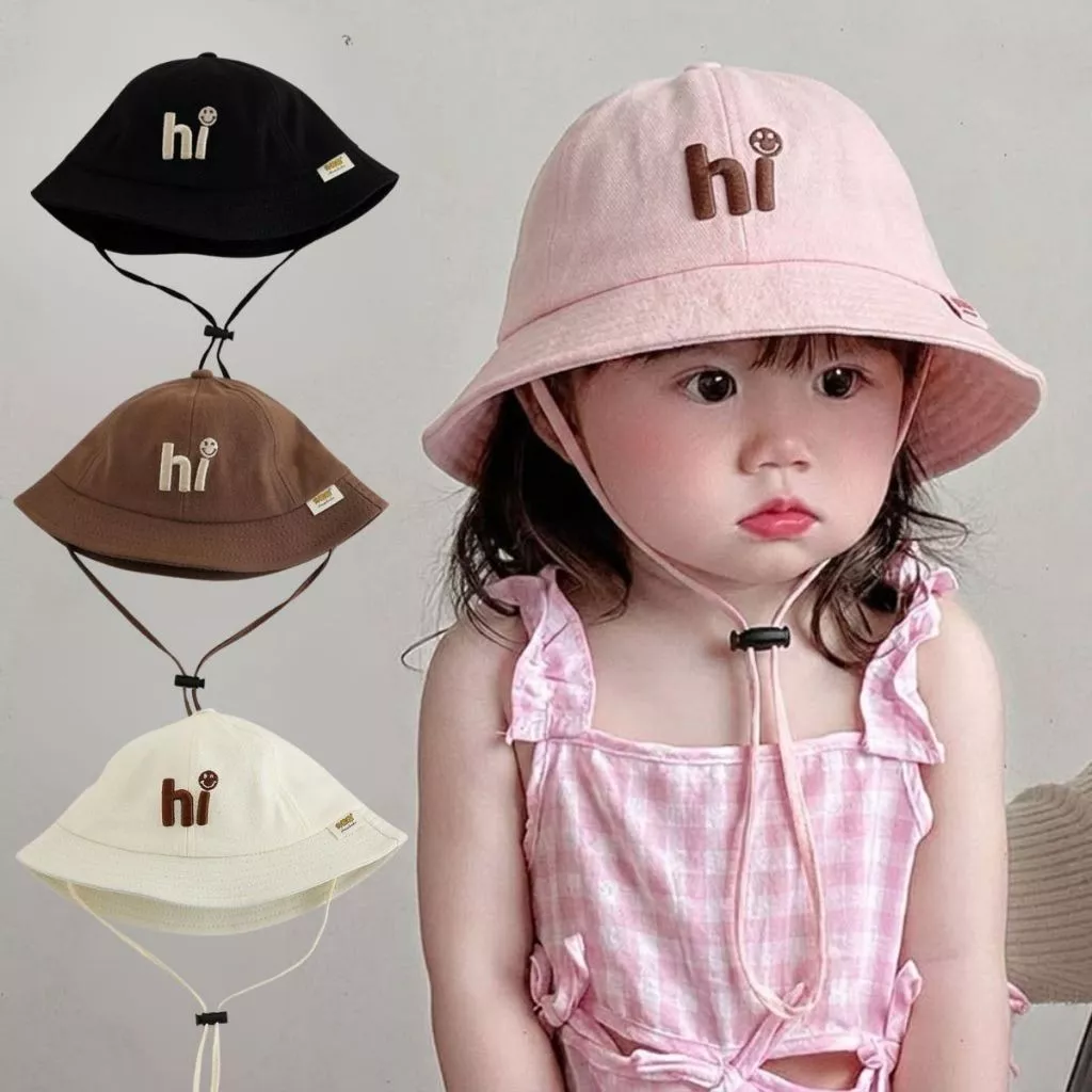 Mũ Bucket Cho Bé 2-6 Tuổi Thêu Chữ Hi, Mũ Chống Nắng Trẻ Em Có Dây Quai Điều Chỉnh Cho Bé 2-6 Tuổi