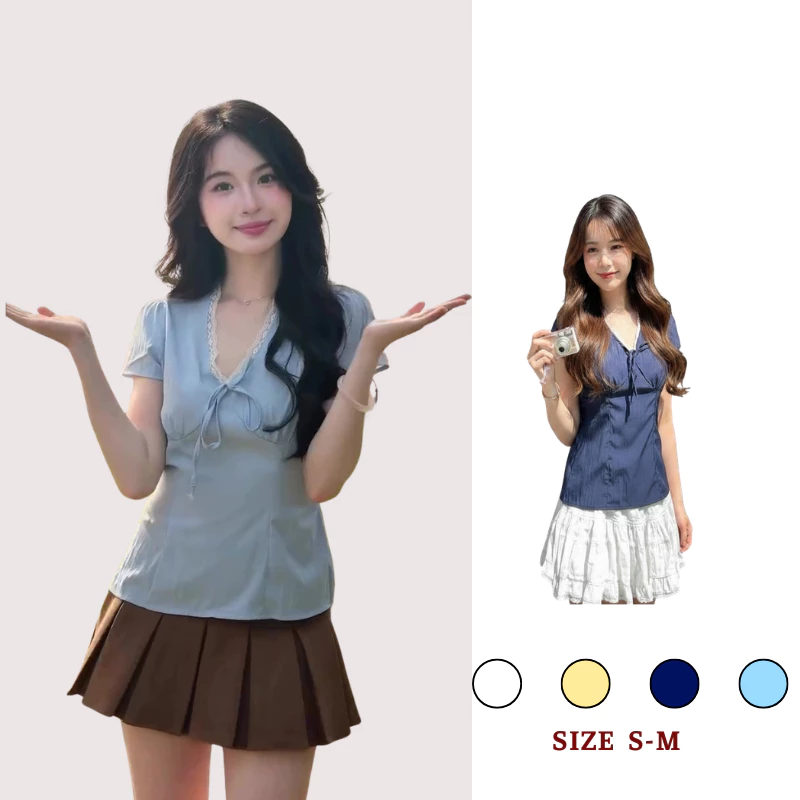 Áo Cổ Tim Nữ Phối Ren Thắt Nơ Ngực Dây Buộc Sau Lưng Freesize, Áo Kiểu Mùa Hè Năng Động HA202