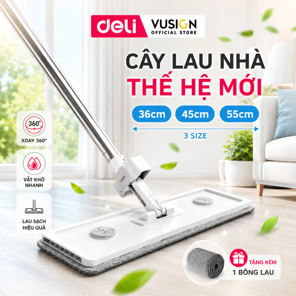 [DEAL MỞ BÁN] Cây Lau Nhà Thông Minh Tự Vắt Deli Vusign  Đầu Xoay 360 Độ Linh Hoạt KÈM BÔNG, Lau Siêu Sạch