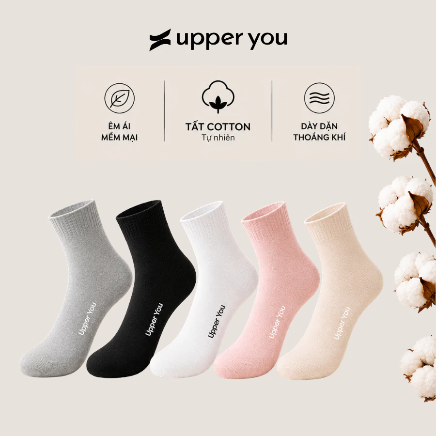 [Combo 5] Tất Vớ Cotton Nữ UPPER YOU Cổ Trung Êm Ái Dày Dặn Thoáng Khí Khử Mùi - BSF3001