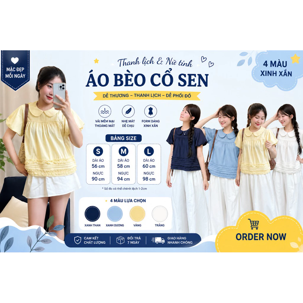 Áo Nhún Bèo Cổ Sen Tay Bồng Nữ. Áo chất đũi xinh xắn dễ phối đồ đi học đi chơi