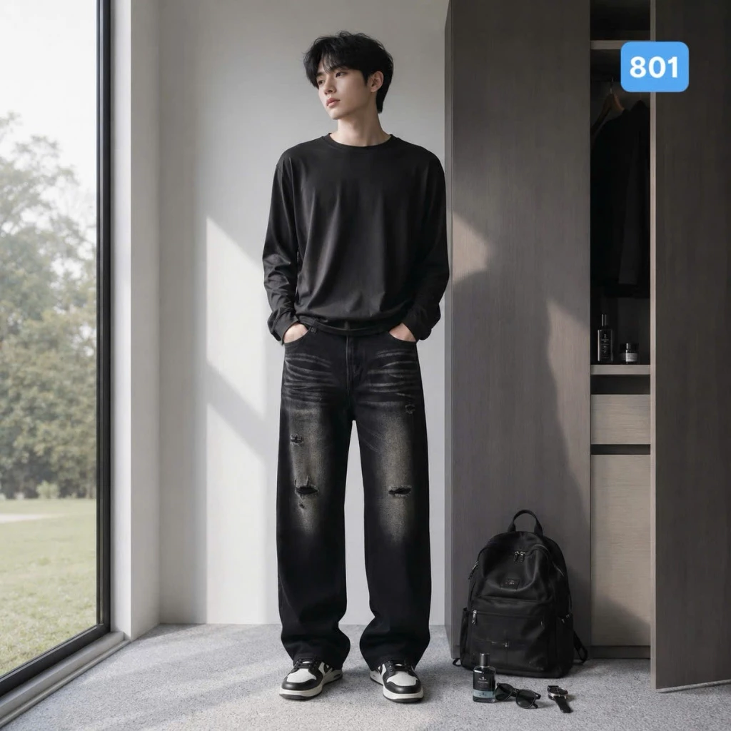 Quần baggy jean nam ống rộng có túi màu đen wash rách gối cao cấp - BG801 chất bò dãn nhẹ from dán chuẩn