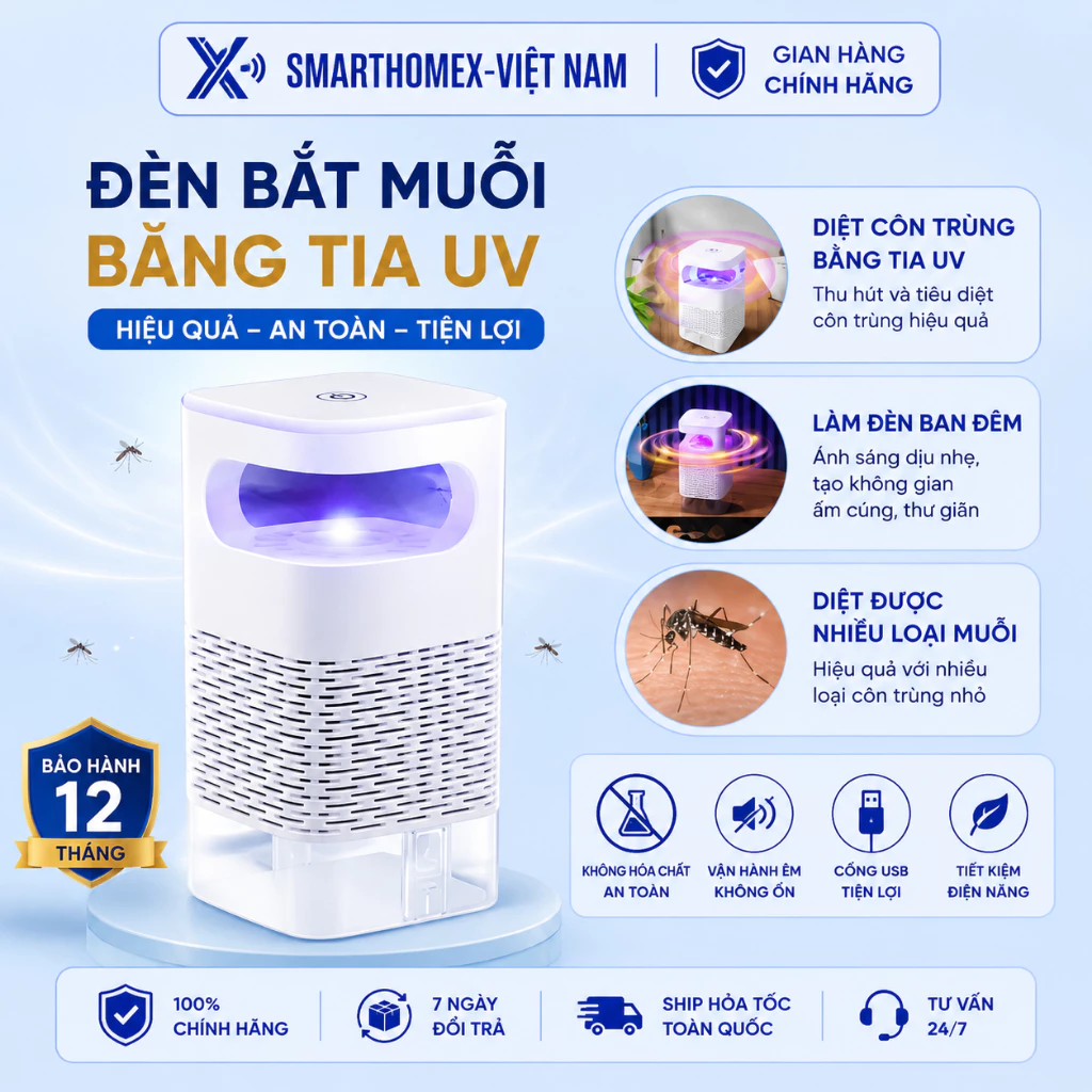 Đèn bắt muỗi thông minh, tia UV ánh sáng xanh công nghệ cao diệt côn trùng hiệu quả