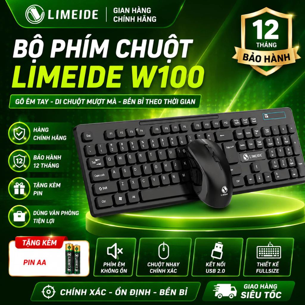 Bộ Bàn Phím Chuột Không Dây LIMEIDE W100 Wireless 2.4G – Combo Keyboard Mouse giá rẻ Cho Laptop PC Văn Phòng