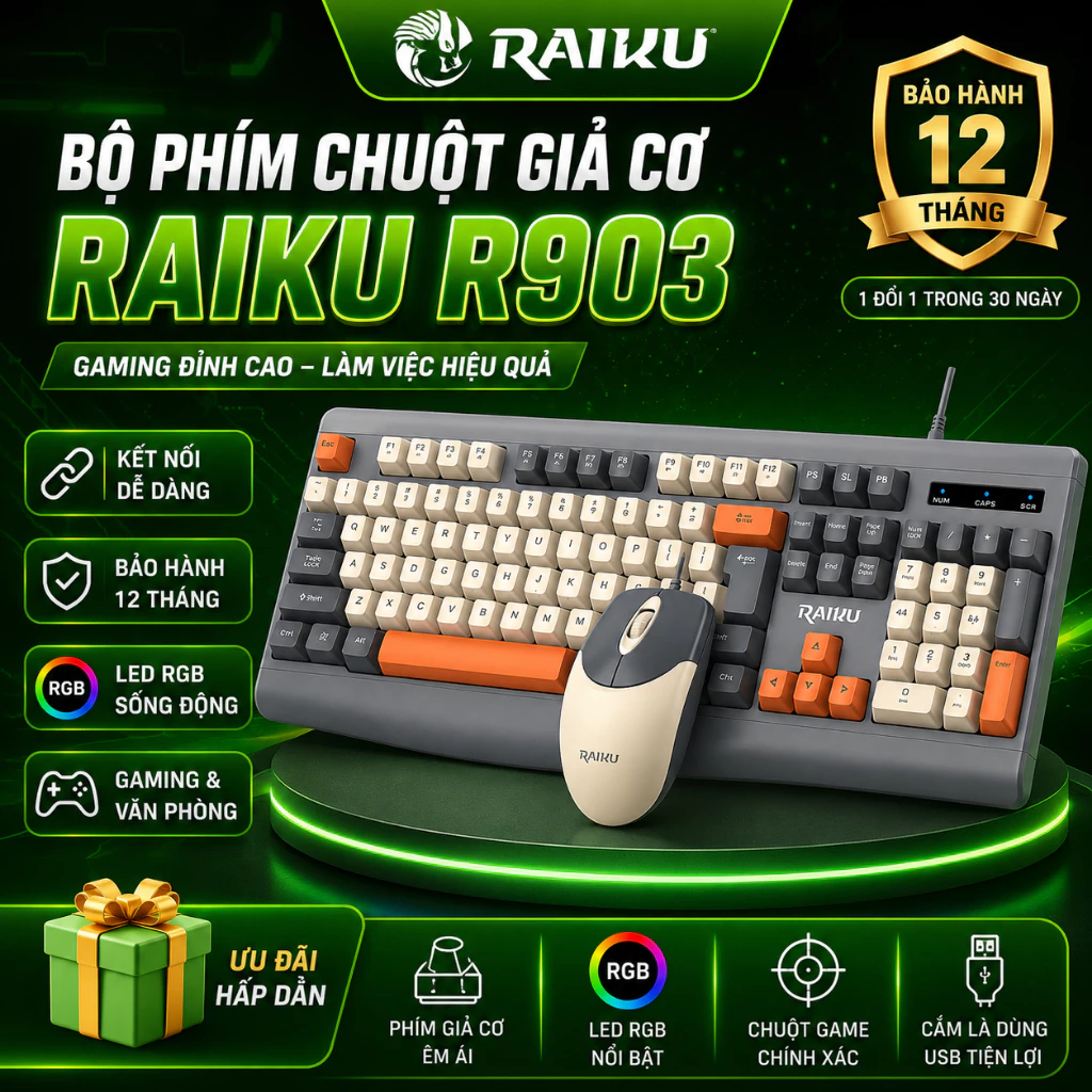 Bộ Bàn Phím Chuột RAIKU R903 Có Dây Chính Hãng – Thiết Kế Đẹp, Gõ Êm, Chuột Nhạy, Giá Rẻ Cho Văn Phòng & Game
