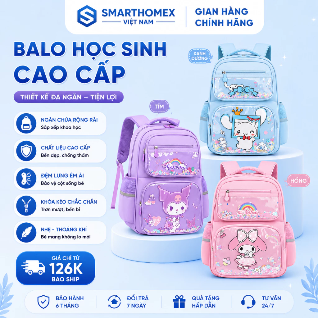 Balo Chống Gù Siêu Nhẹ Kurumi, Melody, Cinnamon Cho Bé Gái, Cặp Học Sinh Hoạt Hình Dễ Thương