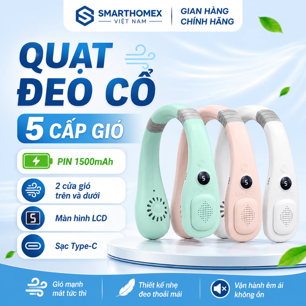 Quạt Đeo Cổ Không Cánh Siêu Mát, 5 Mức Gió, Hiển Thị Hình Pin, Pin Trâu, Nhẹ & Êm