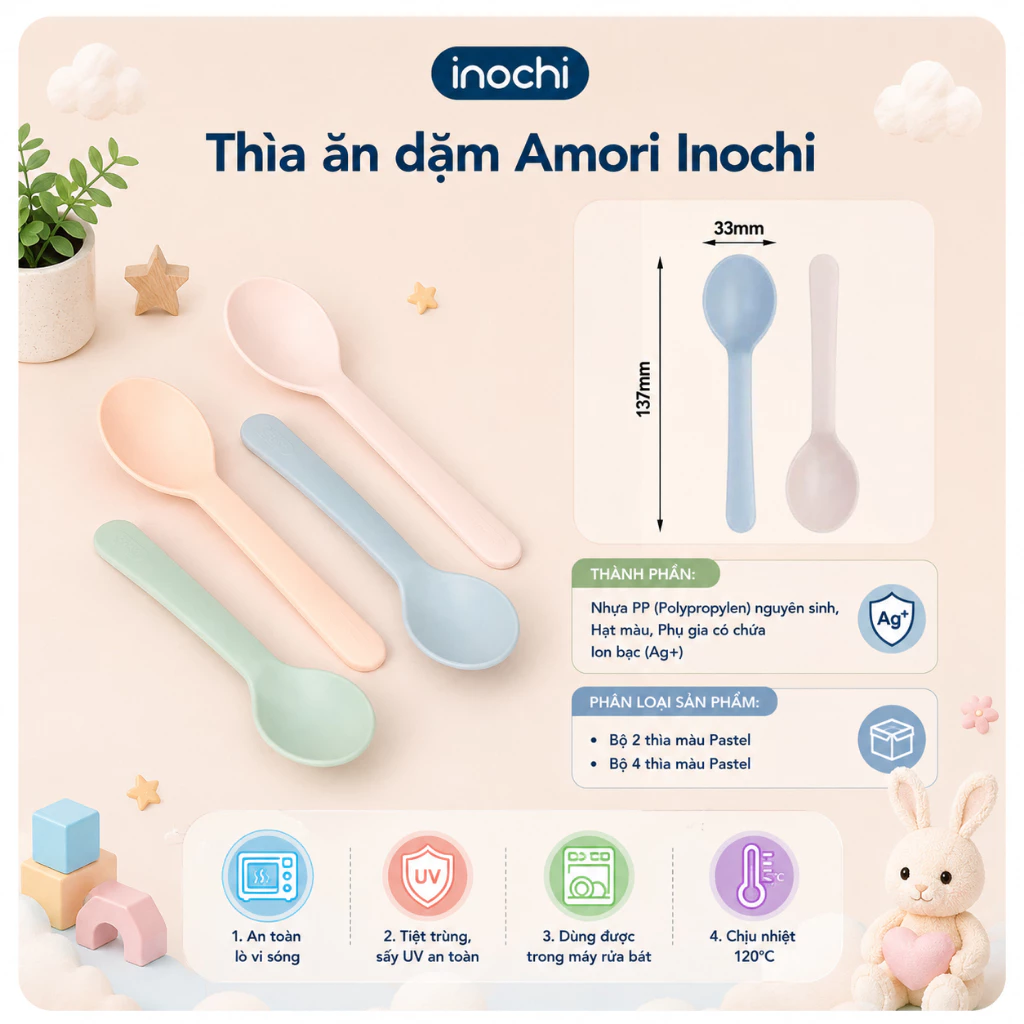 Thìa ăn dặm Inochi cho trẻ nhỏ tự ăn loại dài Amori, nhựa nguyên sinh an toàn sức khỏe