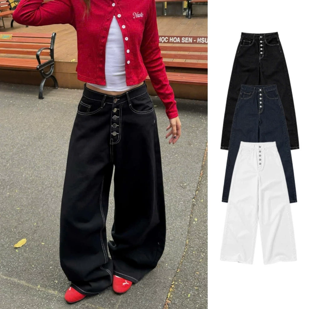 AB HOUSE - Quần jeans ống suông rộng phối nhiều nút thời trang nam nữ