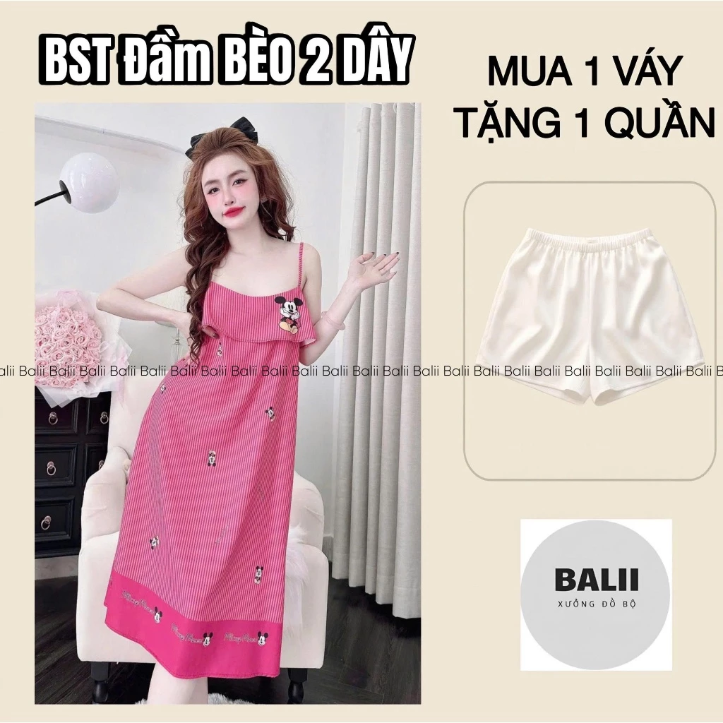 [DEAL KÈM TẶNG QUẦN] Váy Mặc Nhà Phối Bèo Sang Trọng Chất Lụa Mango, Họa Tiết Sọc Hồng MICKEY, Mặc Mát -BALII