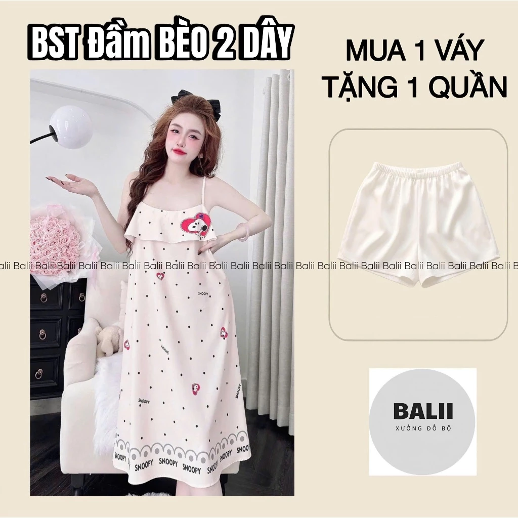 [DEAL KÈM TẶNG QUẦN] Váy Mặc Nhà Phối Bèo Sang Trọng Chất Lụa Mango, Họa Tiết Trắng Kem Snoopy, Mặc Mát -BALII