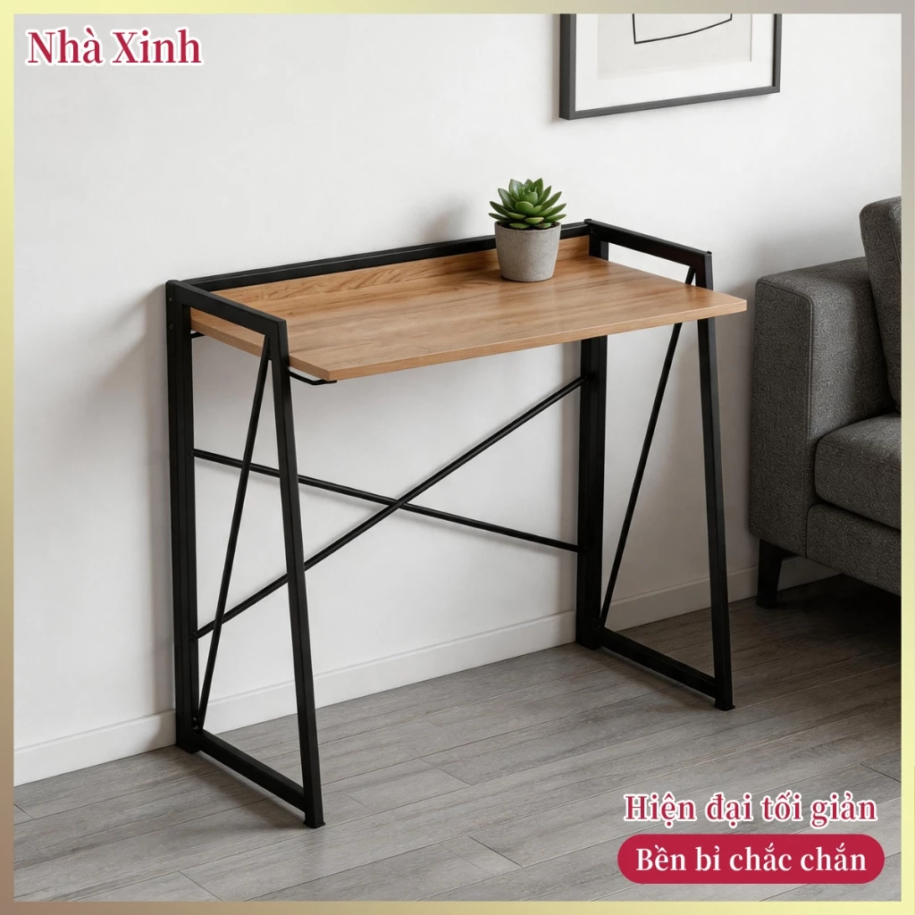 Bàn làm việc góc nhà hình thang khung thép chắc chắn | Bàn học màu gỗ phong cách công nghiệp tiết kiệm diện tích