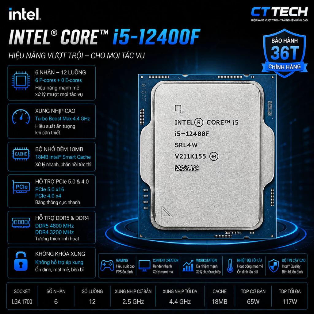 BỘ VI XỬ LÝ INTEL CORE I5 12400F MỚI ( TRAY )