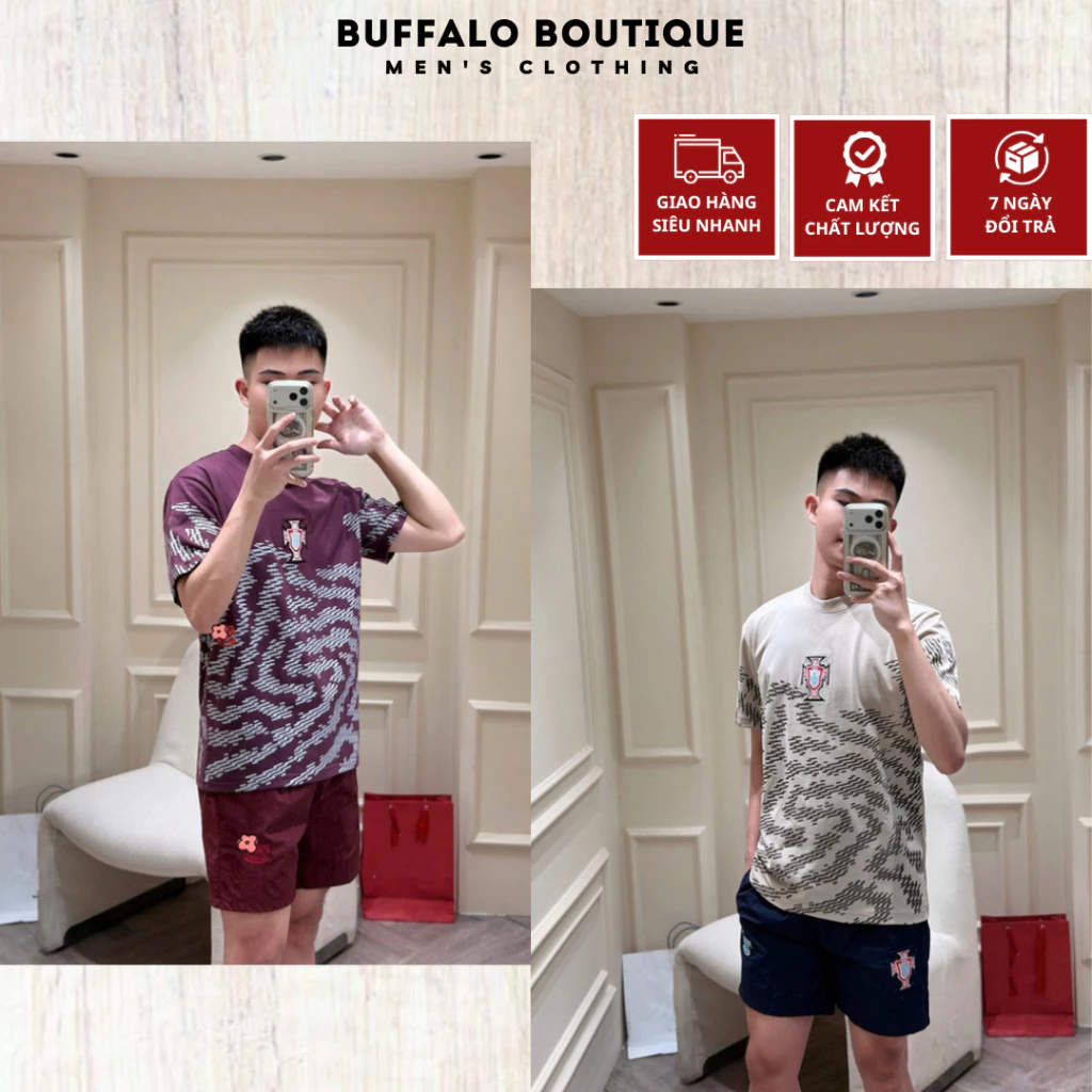 Bộ Quần Áo Mùa Hè Nam Bu Ma Thêu Logo Đội Tuyển Bồ Giữa Áo Siêu Nét - Bộ Cộc Hè Nam Nữ In Vân Full Áo