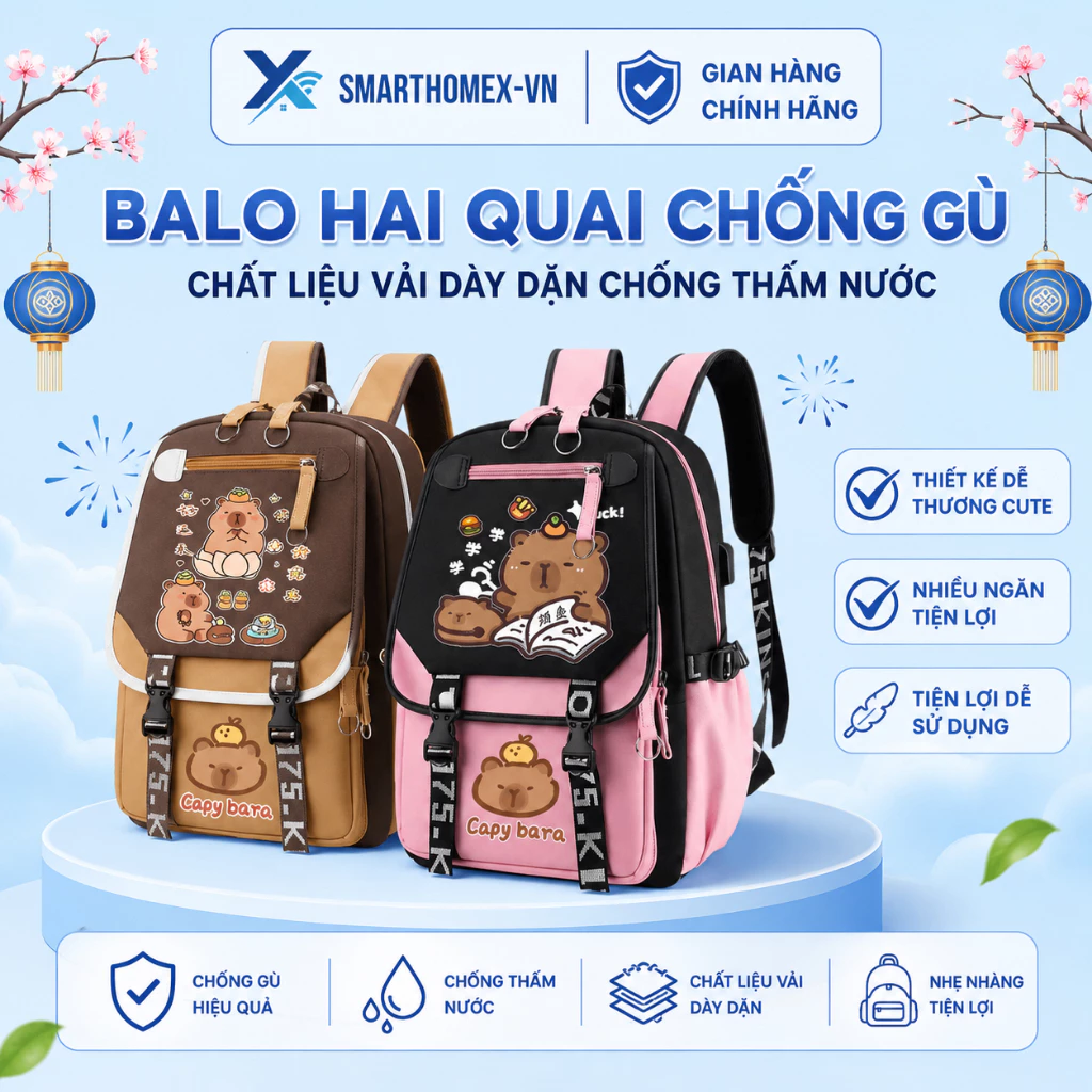 Balo hai quai chống gù Capybara Cặp sách lớn đi học đi chơi Chất liệu vải dày dặn chống thấm nước