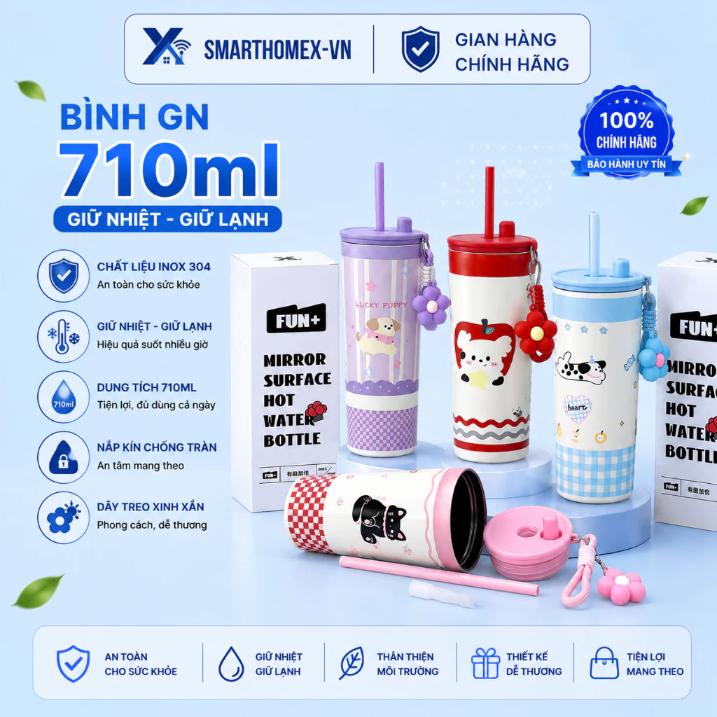 Bình Giữ nhiệt Inox 710Ml Kèm charm móc khoá cute