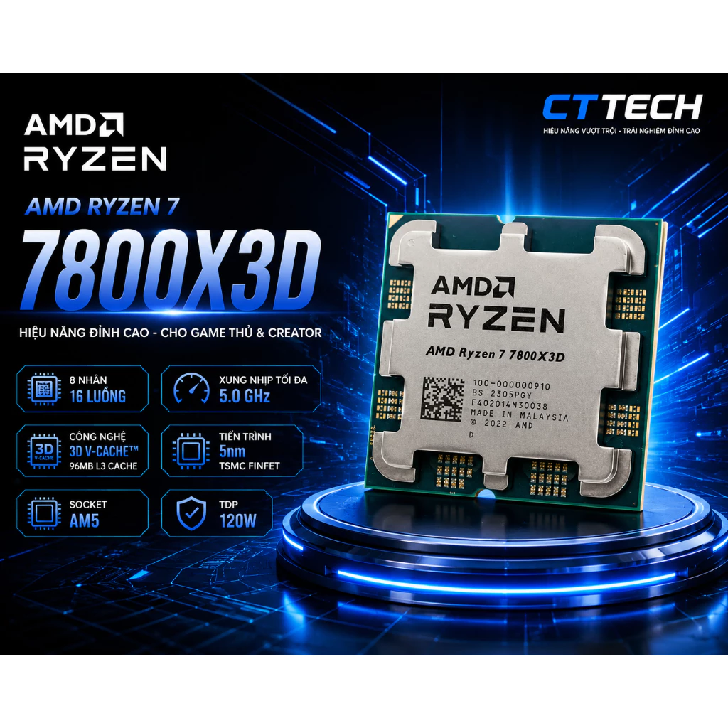 Bộ Vi Xử Lý AMD Ryzen 7 7800X3D / 4.2GHz Boost 5.0GHz / 8 nhân 16 luồng / 104MB / AM5 (MỚI BẢO HÀNH 36 THÁNG )