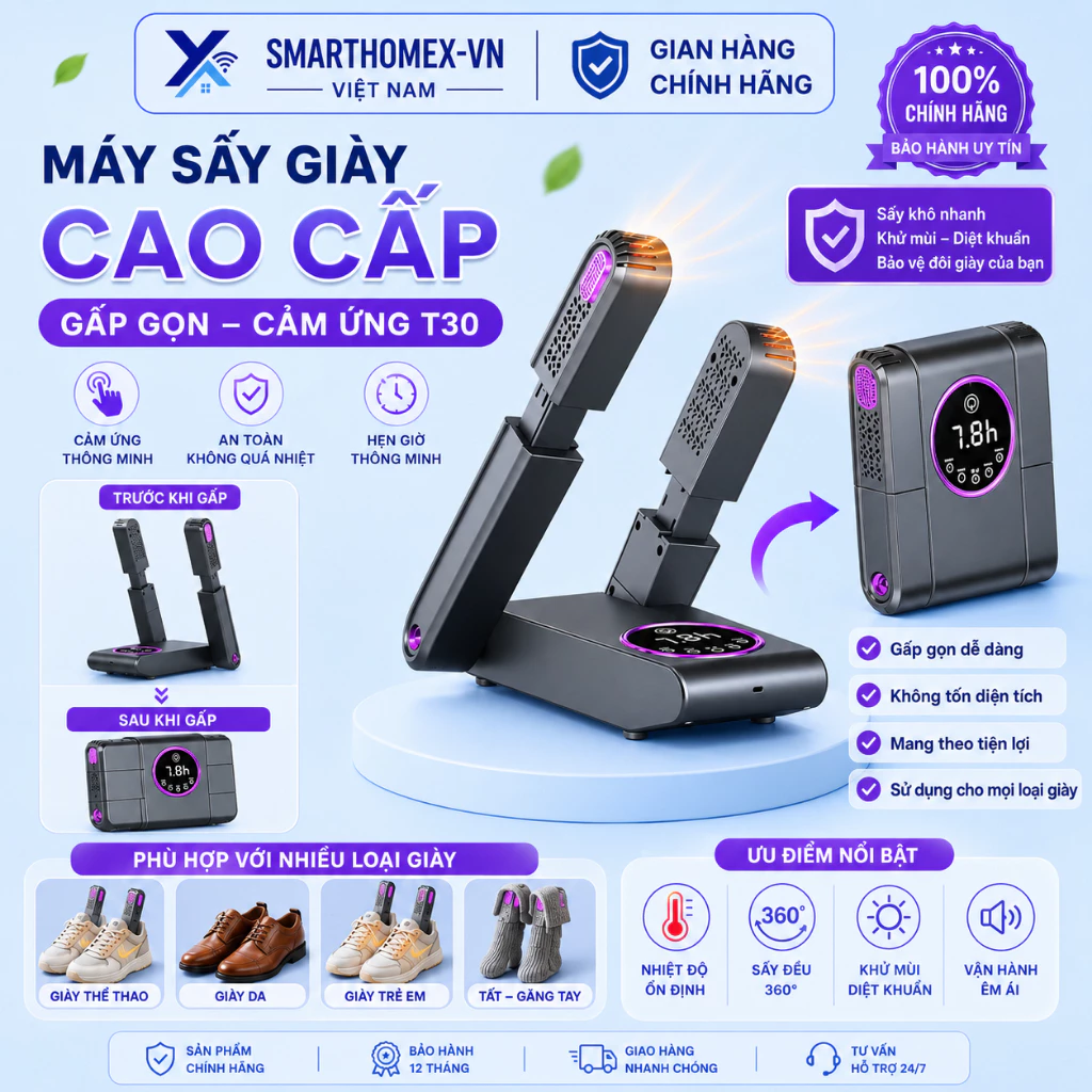 Máy Sấy Giày Cảm Biến Tự Động, Khử Mùi, Làm Khô Nhanh, Giữ Giày Luôn Sạch Thơm