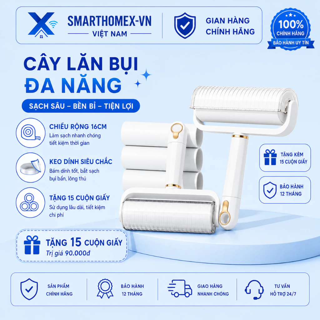Set Cây Lăn Bụi 16CM – Kèm 9 Cuộn Giấy Lăn (60 TỜ/ CUỘN) – Dùng Tiết Kiệm