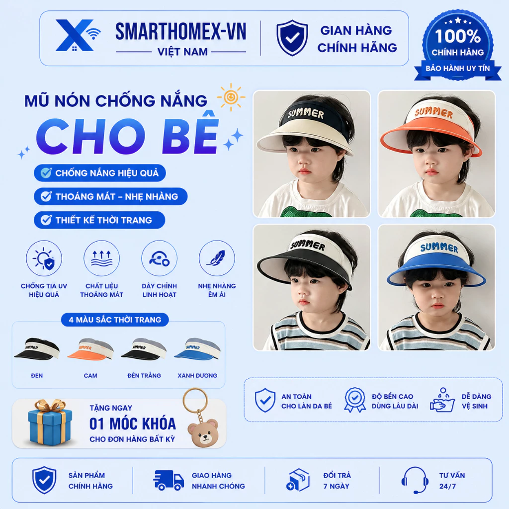 Mũ Lưỡi Trai Nửa Đầu Cho Bé Chống Nắng Tốt, Chống UV, Mũ Thêu SUMMER Siêu Thời Trang Và Thoáng Mát