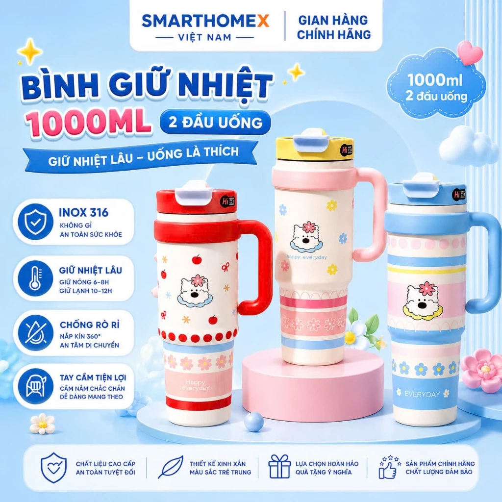 BÌNH GIỮ NHIỆT 1000ML 2 ĐẦU UỐNG CAO CẤP – INOX 316 GIỮ NHIỆT LÂU, THIẾT KẾ SIÊU XINH