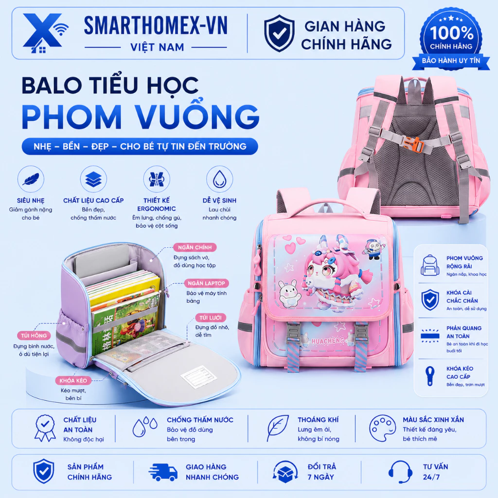 Balo tiểu học phom vuông - phong cách Nhật Bản-siêu nhẹ,chống thấm nước , học sinh lớp 1-4 (phù hợp bé dưới 35kg)