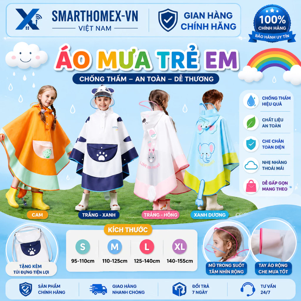 ÁO MƯA EVA TRẺ EM HOẠT HÌNH CAO CẤP – MŨ TRONG SUỐT CHỐNG THẤM, SIÊU DỄ THƯƠNG CHO BÉ