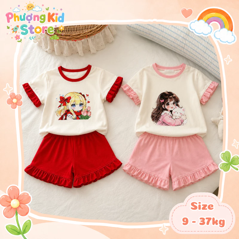 [A01 - XẢ HÀNG] Set bộ bé gái áo in hình công chúa phối quần short bèo, đồ bộ mặc hè đi học đi chơi cho bé 9 - 37kg