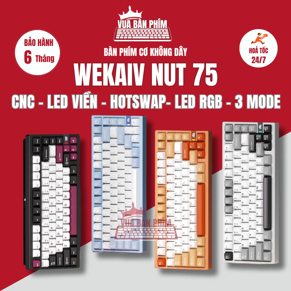 Bàn phím cơ không dây wekaiv nut75 nhôm cnc ,3 mode, núm xoay, polling rate 8k ,kết nối via,mạch xuôi , hotswap, led rgb