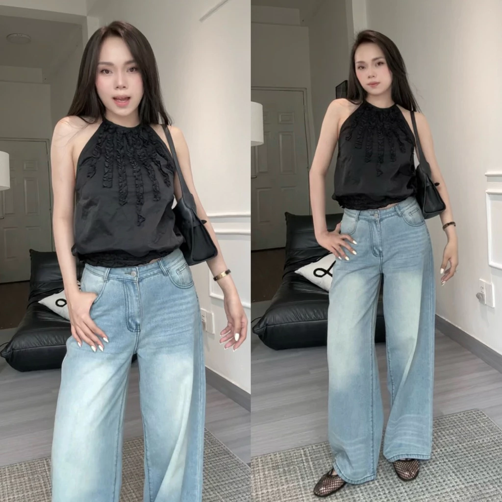 YURI JEANS (Mã37 Quần LƯNG VỪA DƯỚI RỐN ) , Quần Ông Suông Dưới Rốn Ông Rộng Wash Rau Mèo Mã37