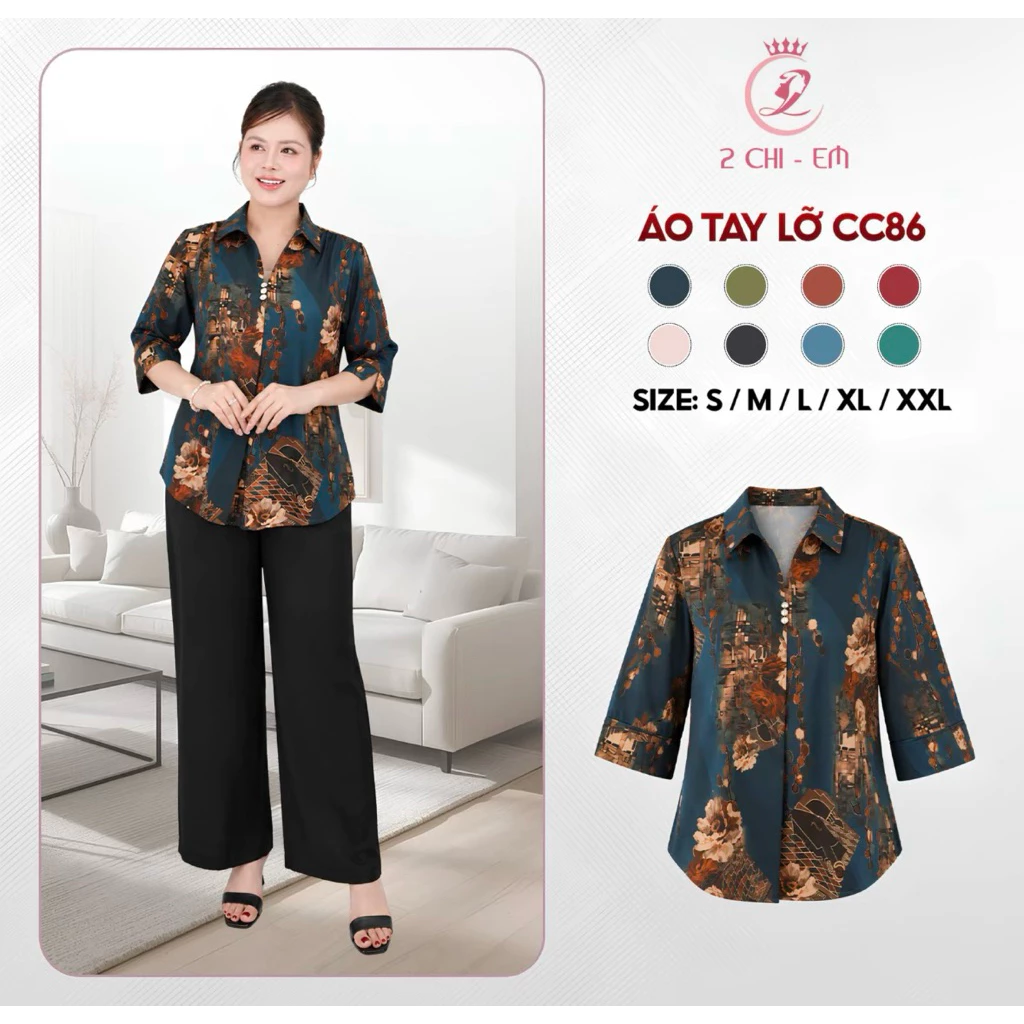 Áo lụa trung niên, Áo cổ kiểu, Áo tay lỡ cho các mẹ vải lụa bảo anh mát mịn CC86( Hàng Cao Cấp )