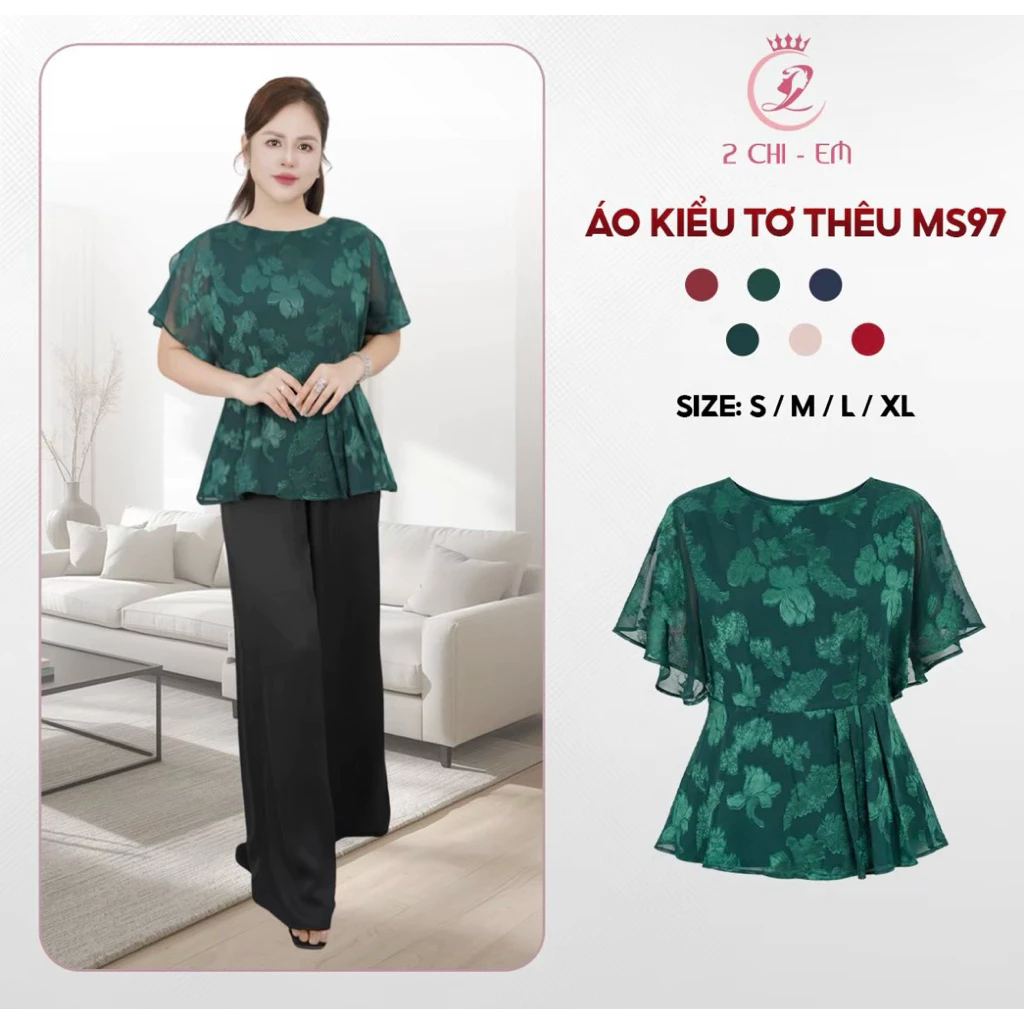 phẩm:Áo lụa trung niên, Áo cổ tròn, Áo tay ngắn cho các mẹ vải tơ thêu cao cấp MS97 ( Hàng Cao Cấp )