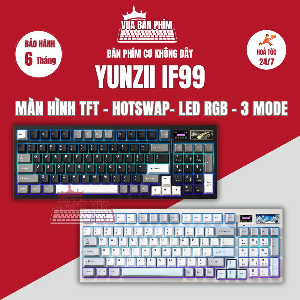 Bàn phím cơ Yunzii IF99 không dây layout 98 phím màn hình tft , led rgb , mạch xuôi, hotswap , keycap pbt doubleshot